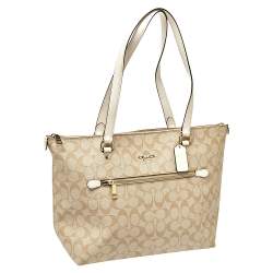 Pre Owned Coach Beige/White Signature Coated Canvas and Leather Gallery Tote