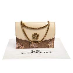 مملوكة مسبقًا حقيبة كتف ك وتش جلد كانفاس مقوى نقشة شعار الماركة مطبوع مورد براري بيج و بني 