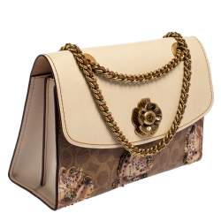 مملوكة مسبقًا حقيبة كتف كوتش جلد كانفاس مقوى نقشة شعار الماركة مطبوع مورد براري بيج و بني 