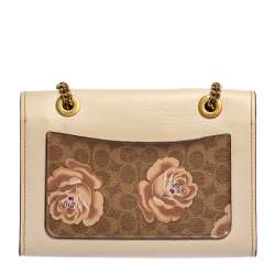 مملوكة مسبقًا حقيبة كتف كوتش جلد كانفاس مقوى نقشة شعار الماركة مطبوع مورد براري بيج و بني 