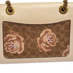 مملوكة مسبقًا حقيبة كتف كوتش جلد كانفاس مقوى نقشة شعار الماركة مطبوع مورد براري بيج و بني 