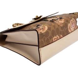 مملوكة مسبقًا حقيبة كتف كوتش جلد كانفاس مقوى نقشة شعار الماركة مطبوع مورد براري بيج و بني 