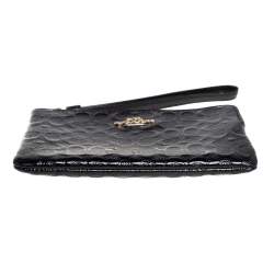 Pre Owned Coach Black Signature Debossed Patent Leather Wristlet Pouch