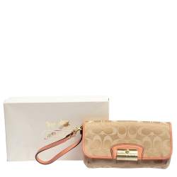 Coach Beige/Orange Signature Canvas and Leather Wristlet Clutch  