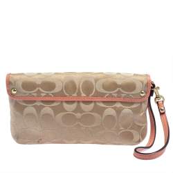 Coach Beige/Orange Signature Canvas and Leather Wristlet Clutch  