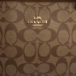 Pre Owned Coach Beige/Brown Signature Coated Canvas and Leather Top Zip Tote