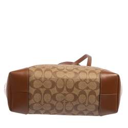Pre Owned Coach Beige/Brown Signature Coated Canvas and Leather Top Zip Tote