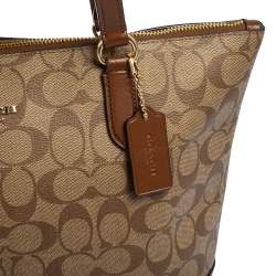 Pre Owned Coach Beige/Brown Signature Coated Canvas and Leather Top Zip Tote