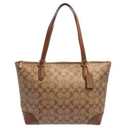 Pre Owned Coach Beige/Brown Signature Coated Canvas and Leather Top Zip Tote