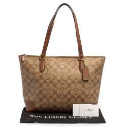 Pre Owned Coach Beige/Brown Signature Coated Canvas and Leather Top Zip Tote