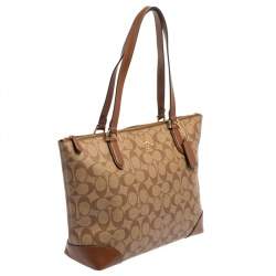 Pre Owned Coach Beige/Brown Signature Coated Canvas and Leather Top Zip Tote