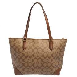 Pre Owned Coach Beige/Brown Signature Coated Canvas and Leather Top Zip Tote