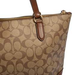 Pre Owned Coach Beige/Brown Signature Coated Canvas and Leather Top Zip Tote