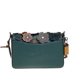 Pre Owned Coach Teal Green Tea Rose Applique Leather Dinky Chain Shoulder Bag