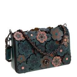 Pre Owned Coach Teal Green Tea Rose Applique Leather Dinky Chain Shoulder Bag