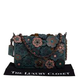 Pre Owned Coach Teal Green Tea Rose Applique Leather Dinky Chain Shoulder Bag