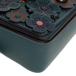 Pre Owned Coach Teal Green Tea Rose Applique Leather Dinky Chain Shoulder Bag