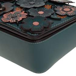 Pre Owned Coach Teal Green Tea Rose Applique Leather Dinky Chain Shoulder Bag