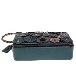 Pre Owned Coach Teal Green Tea Rose Applique Leather Dinky Chain Shoulder Bag