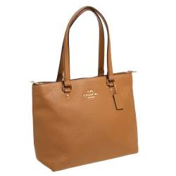 Pre Owned Coach Tan Leather Bay Top Zip Tote