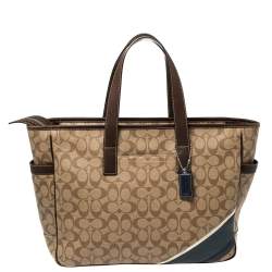 Pre Owned Coach Brown/Beige Signature Coated Canvas and Leather Tote