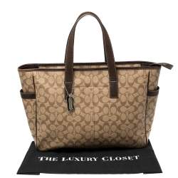 Pre Owned Coach Brown/Beige Signature Coated Canvas and Leather Tote