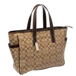 Pre Owned Coach Brown/Beige Signature Coated Canvas and Leather Tote