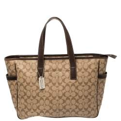 Pre Owned Coach Brown/Beige Signature Coated Canvas and Leather Tote