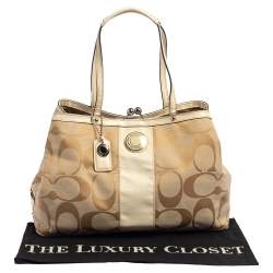 Coach Beige Signature Canvas and Patent Leather Kisslock Framed Carryall Tote