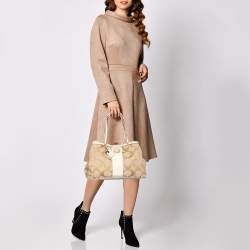 Coach Beige Signature Canvas and Patent Leather Kisslock Framed Carryall Tote