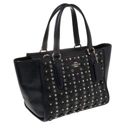 Pre Owned Coach Blue Leather Eyelet Floral Details Top Handle Bag