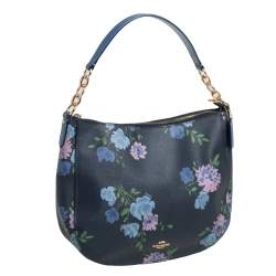 Pre Owned Coach Blue Floral Print Leather Elle Hobo