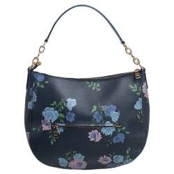 Pre Owned Coach Blue Floral Print Leather Elle Hobo