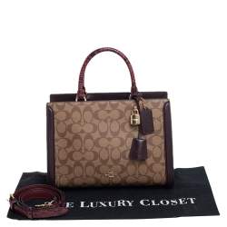 Pre Owned Coach Beige/Burgundy Signature Coated and Leather Zoe Carryall Tote