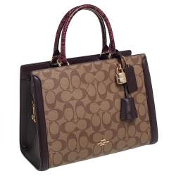Pre Owned Coach Beige/Burgundy Signature Coated and Leather Zoe Carryall Tote