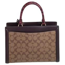 Pre Owned Coach Beige/Burgundy Signature Coated and Leather Zoe Carryall Tote