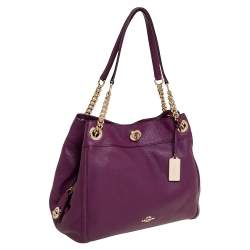 Pre Owned Coach Purple Leather Edie Turnlock Shoulder Bag     