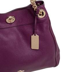 Pre Owned Coach Purple Leather Edie Turnlock Shoulder Bag     