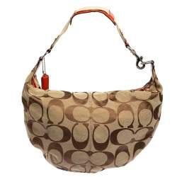 Coach Beige/Orange Signature Canvas and Patent Leather Front Pocket Hobo