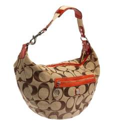 Coach Beige/Orange Signature Canvas and Patent Leather Front Pocket Hobo