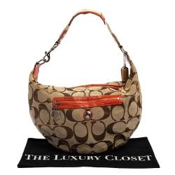 Coach Beige/Orange Signature Canvas and Patent Leather Front Pocket Hobo