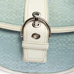 Pre Owned Coach White/Light Blue Signature Canvas and Leather Soho Baguette Bag