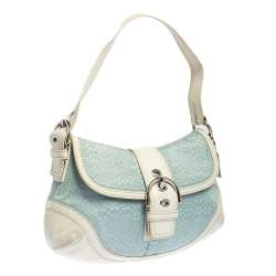 Pre Owned Coach White/Light Blue Signature Canvas and Leather Soho Baguette Bag