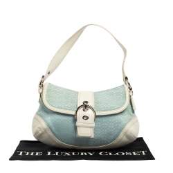 Pre Owned Coach White/Light Blue Signature Canvas and Leather Soho Baguette Bag