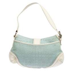 Pre Owned Coach White/Light Blue Signature Canvas and Leather Soho Baguette Bag