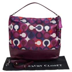 Pre Owned Coach Mulitcolor Op Art Scarf Print Satin and Leather Park Hobo