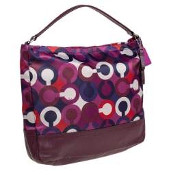 Pre Owned Coach Mulitcolor Op Art Scarf Print Satin and Leather Park Hobo