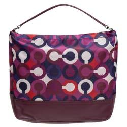 Pre Owned Coach Mulitcolor Op Art Scarf Print Satin and Leather Park Hobo