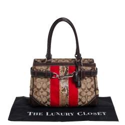 Pre Owned Coach Beige/Orange Signature, Suede and Python Stripe Hampton Tote