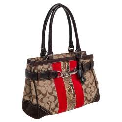 Pre Owned Coach Beige/Orange Signature, Suede and Python Stripe Hampton Tote
